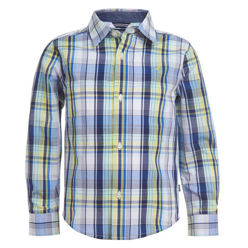 Nautica Boys' Long Sleeve Spinner Blue Woven Plaid Button-down Shirt