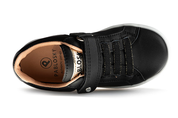 Pablosky Kids Black/Gold Girls Leather Sneaker - 200810