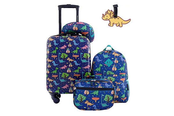 Travellers Club Kid's Hard Side Carry-On Spinner 5 Piece Luggage Set – Dino