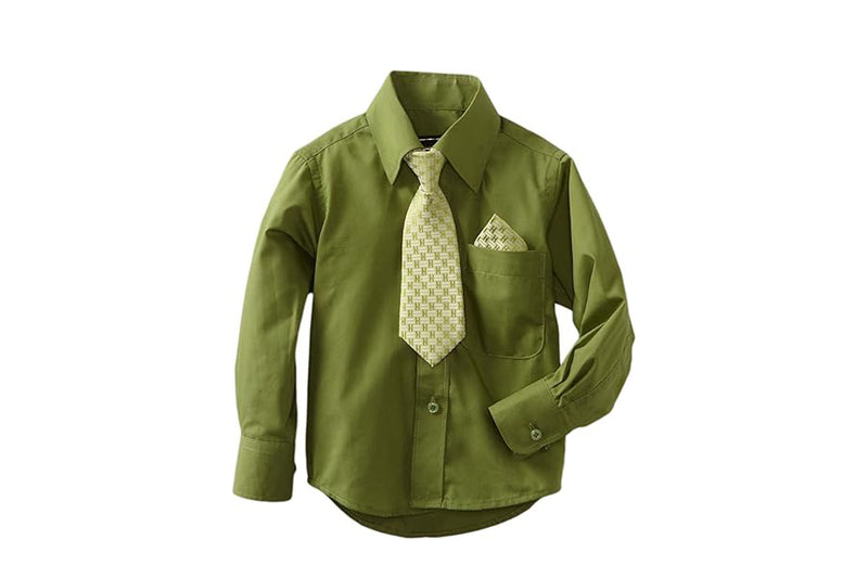 American Exchange Boys Long Sleeve Dress Shirt with Tie and Pocket Square, Hunter Green