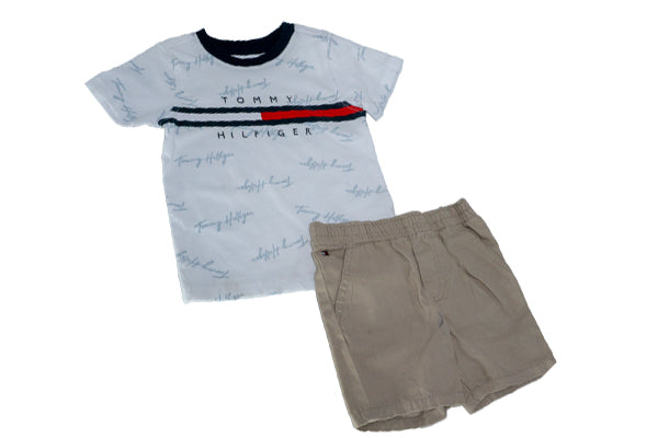 Tommy Hilfiger Baby Boys Short Sleeve Flag Stripe Logo Ringer T-Shirt and Shorts 2 Piece Set