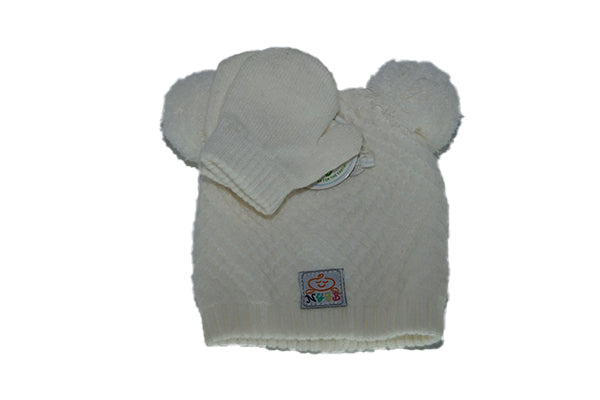 NYGB White Knit Hat and Pom Pom Mitten 2pc Set