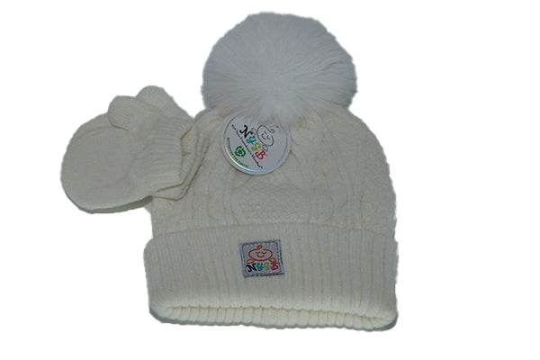 NYGB White Knit Hat and Pom Pom Mitten 2pc Set