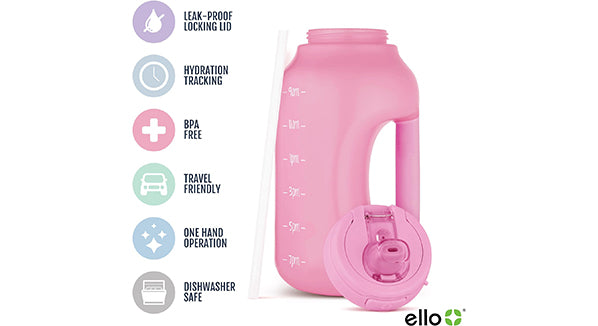 Ello Hydra 64oz Half Gallon Water Jug with Handle and Motivational Time Markers with Straw - Pink