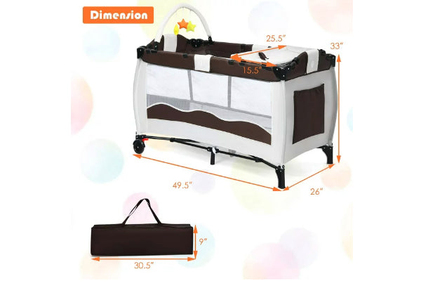 Costway Coffee Baby Crib Playpen Playard Pack Travel Infant Bassinet Bed Foldable