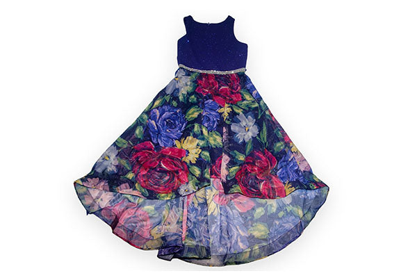 Rare Editions Glitter & Floral-Print High-Low Girls Dress Navy