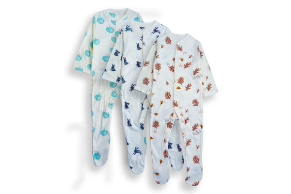 M&S Baby 3pk Pure Cotton Ivory Print Sleepsuits