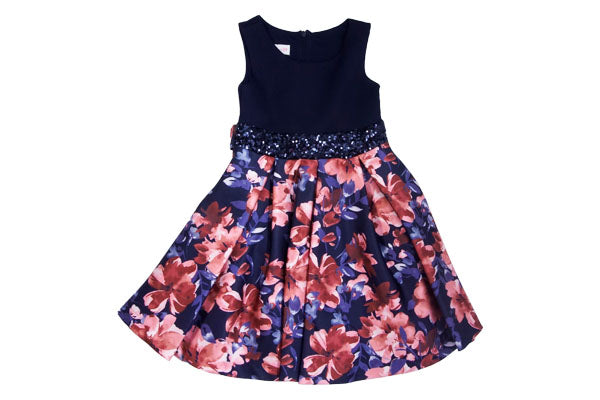 Bonnie Jean Knit Floral Girls Dress Navy