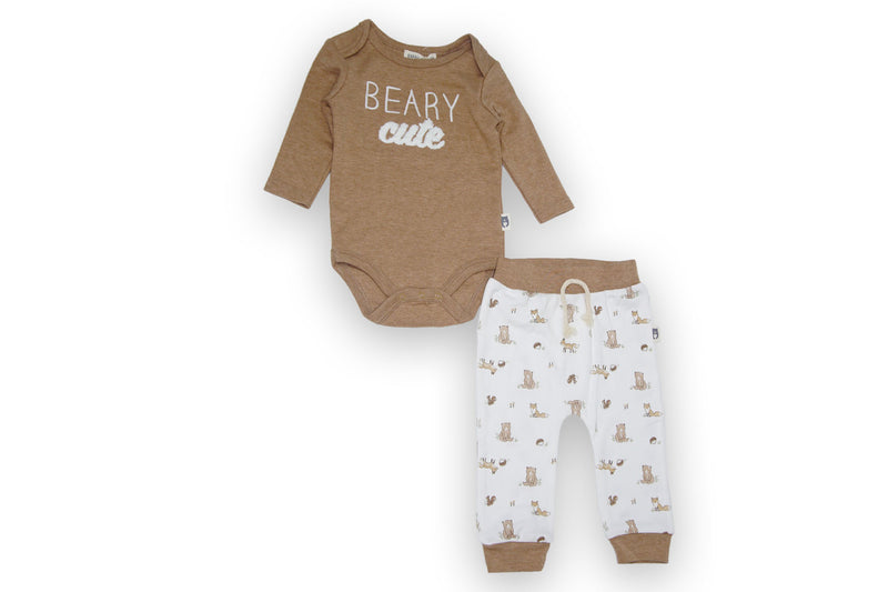 Rabbit and Bear Organic Infant Baby Long Sleeve Bodysuit and Pant Set - Brown