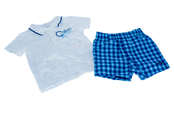 Calvin Klein Baby Boys Short Sleeve Polo Shirt and Plaid shorts, 2 Piece Set