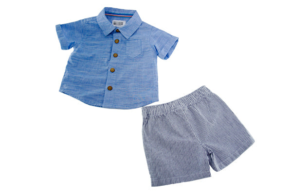 Wonder Nation Boys Woven Button Up Short Sleeve Shirt with Shorts 2pc Set