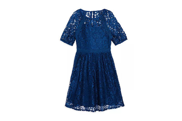 US Angels Navy Lace Fit To Flare Dress with Crochet Trim