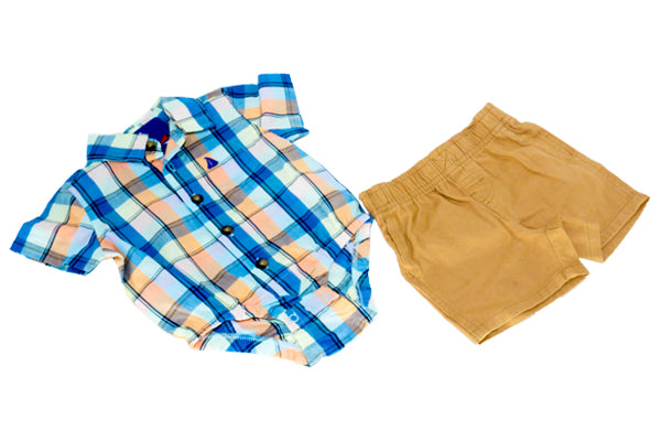 Land ‘N Sea Baby Boys Plaid Bodysuit and Khaki Shorts, 2 Piece Set