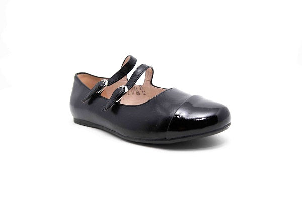 Venettini Girls 55-Sara Black Zafiano Pearlized Leather Double Buckle Flat Shoe