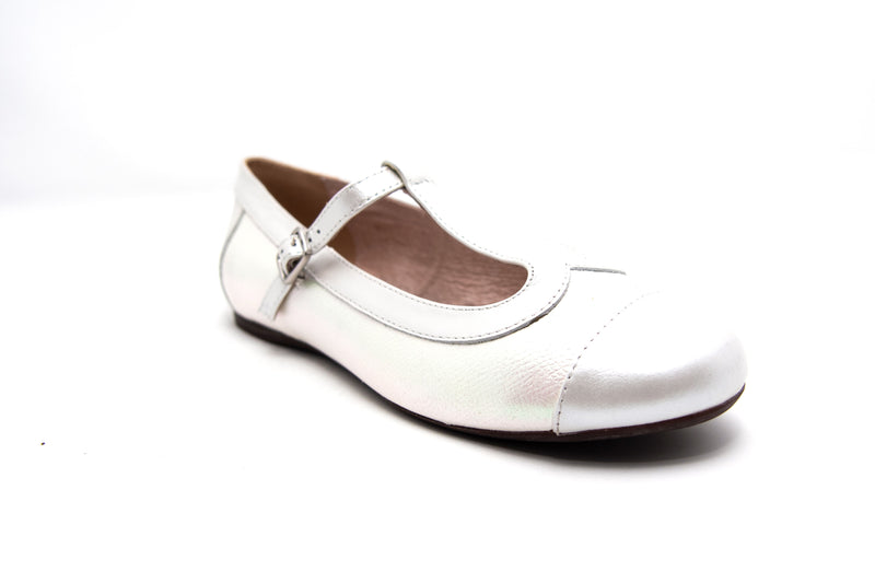 Venettini 55-Camila White Pearlized Leather Strap Flat Shoe