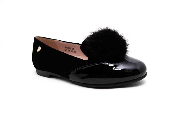 Venettini Girls 55-Angine 2 Black Suede Pom Pom Flat Shoe