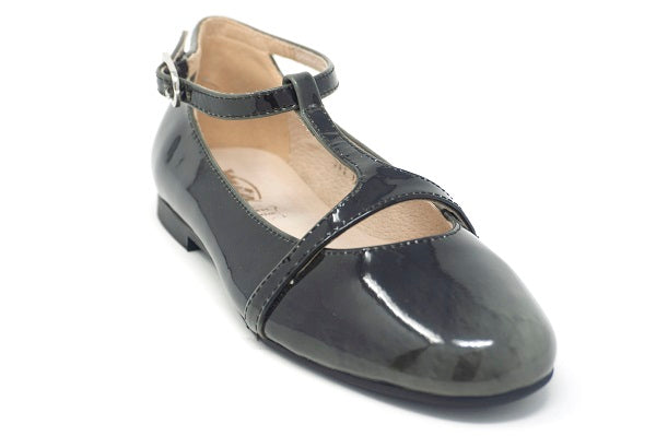 Venettini Gilrls 55-Ayden Grey Pull Patent Leather T-Strap Shoe