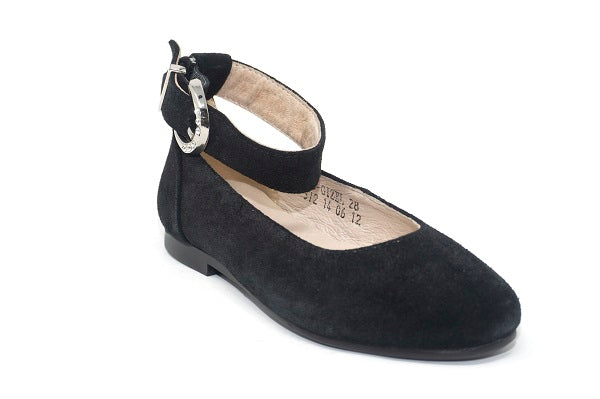 Venettini Girls 55-Gizel Black Suede Leather Flat Shoe with Ankle Buckle