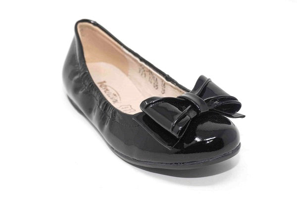 Venettini Girls 55-Ivana Black Gloss Leather Flat Shoe with Bow