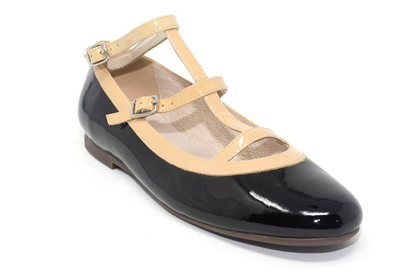 Venettini Girls 55-Jullian Black & Sand Patent Leather Flat Shoe