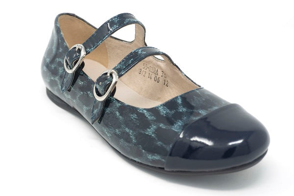 Venettini Girls 55-Sara Navy Cheetah Double Buckle Leather Flat Shoe