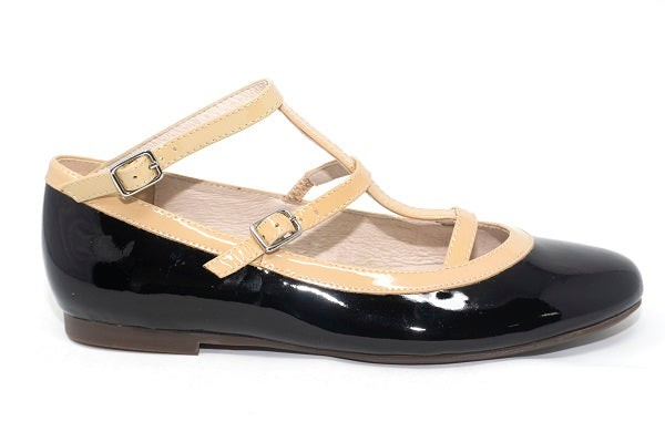 Venettini Girls 55-Jullian Black & Sand Patent Leather Flat Shoe