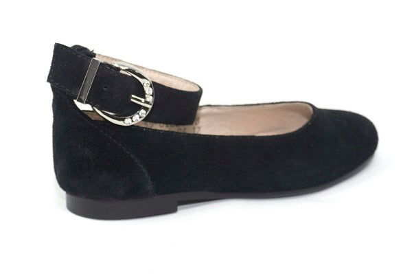 Venettini Girls 55-Gizel Black Suede Leather Flat Shoe with Ankle Buckle