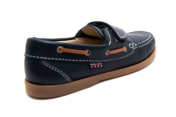 Pablosky Kids Brown Leather Navy Moccasin Shoe - 123929