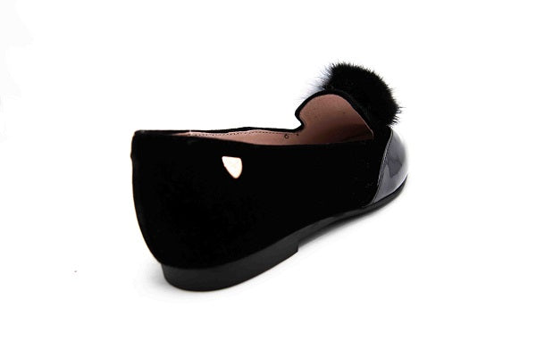 Venettini Girls 55-Angine 2 Black Suede Pom Pom Flat Shoe