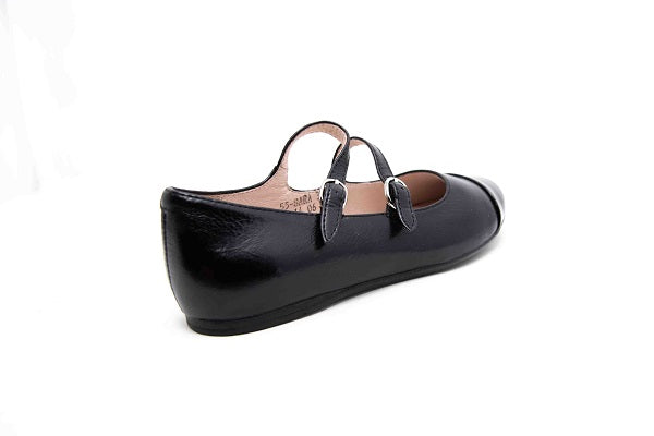 Venettini Girls 55-Sara Black Zafiano Pearlized Leather Double Buckle Flat Shoe