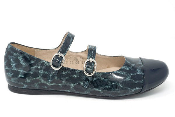 Venettini Girls 55-Sara Navy Cheetah Double Buckle Leather Flat Shoe