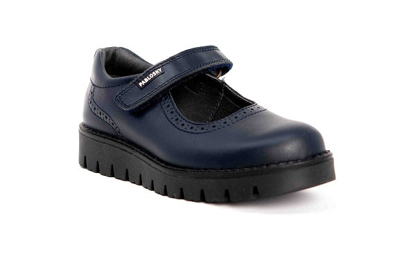 Pablosky Kids Navy Leather Wedge Mary Jane Girls Shoe - 320820