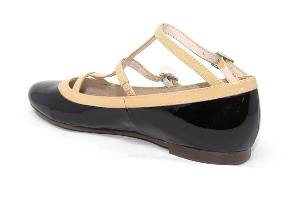 Venettini Girls 55-Jullian Black & Sand Patent Leather Flat Shoe