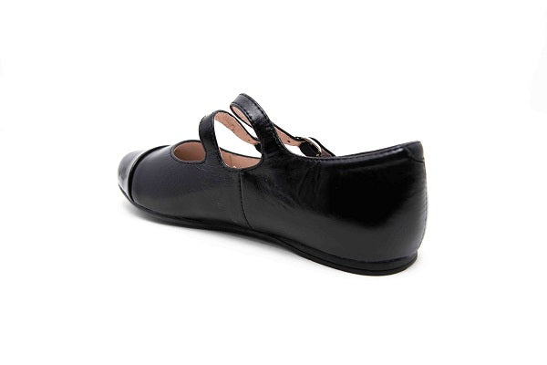 Venettini Girls 55-Sara Black Zafiano Pearlized Leather Double Buckle Flat Shoe