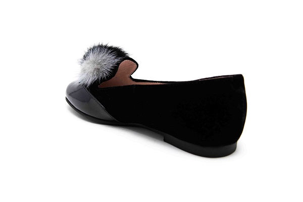 Venettini Girls 55-Angine 2 Black Suede Pom Pom Flat Shoe