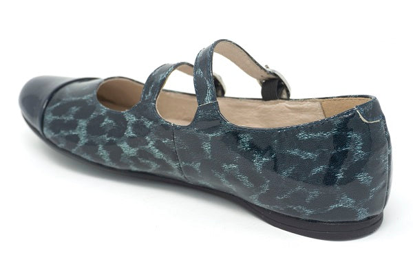 Venettini Girls 55-Sara Navy Cheetah Double Buckle Leather Flat Shoe