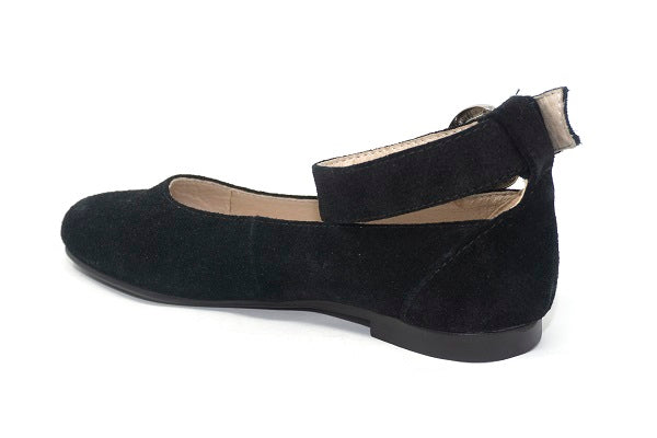 Venettini Girls 55-Gizel Black Suede Leather Flat Shoe with Ankle Buckle