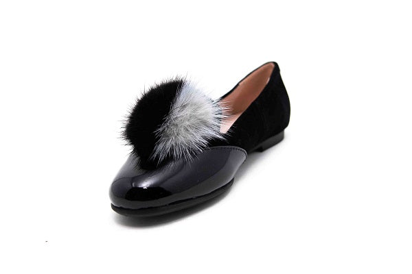 Venettini Girls 55-Angine 2 Black Suede Pom Pom Flat Shoe