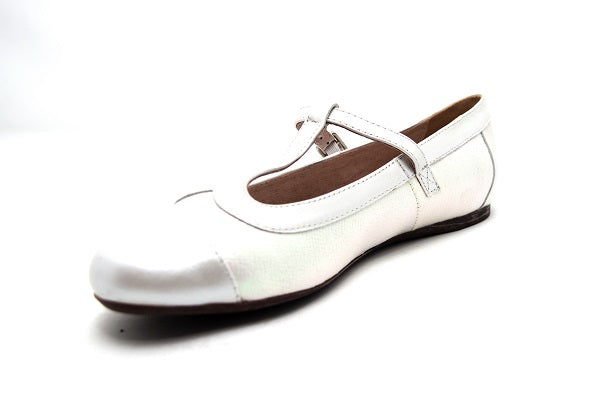 Venettini 55-Camila White Pearlized Leather Strap Flat Shoe