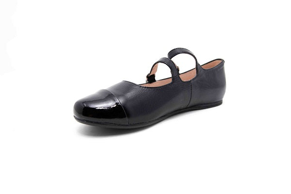 Venettini Girls 55-Sara Black Zafiano Pearlized Leather Double Buckle Flat Shoe