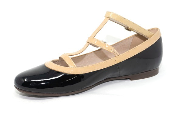 Venettini Girls 55-Jullian Black & Sand Patent Leather Flat Shoe