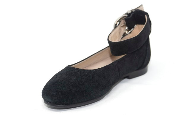 Venettini Girls 55-Gizel Black Suede Leather Flat Shoe with Ankle Buckle