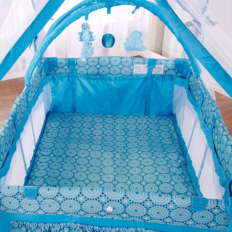 Big Oshi Portable Deluxe Playard With Canopy Net Topper, Blue