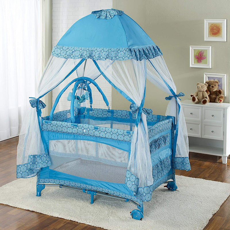 Big Oshi Portable Deluxe Playard With Canopy Net Topper, Blue