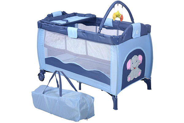 COSTWAY Portable Infant Baby Travel Cot, Bed Play Pen, Child Bassinet Playpen Entryway, with Mat 2 in 1 (Blue)