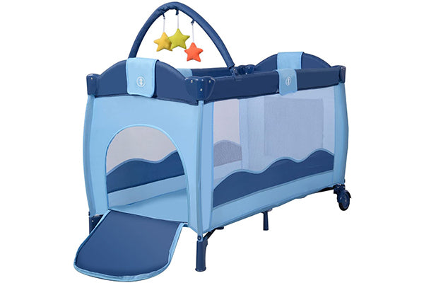 COSTWAY Portable Infant Baby Travel Cot, Bed Play Pen, Child Bassinet Playpen Entryway, with Mat 2 in 1 (Blue)