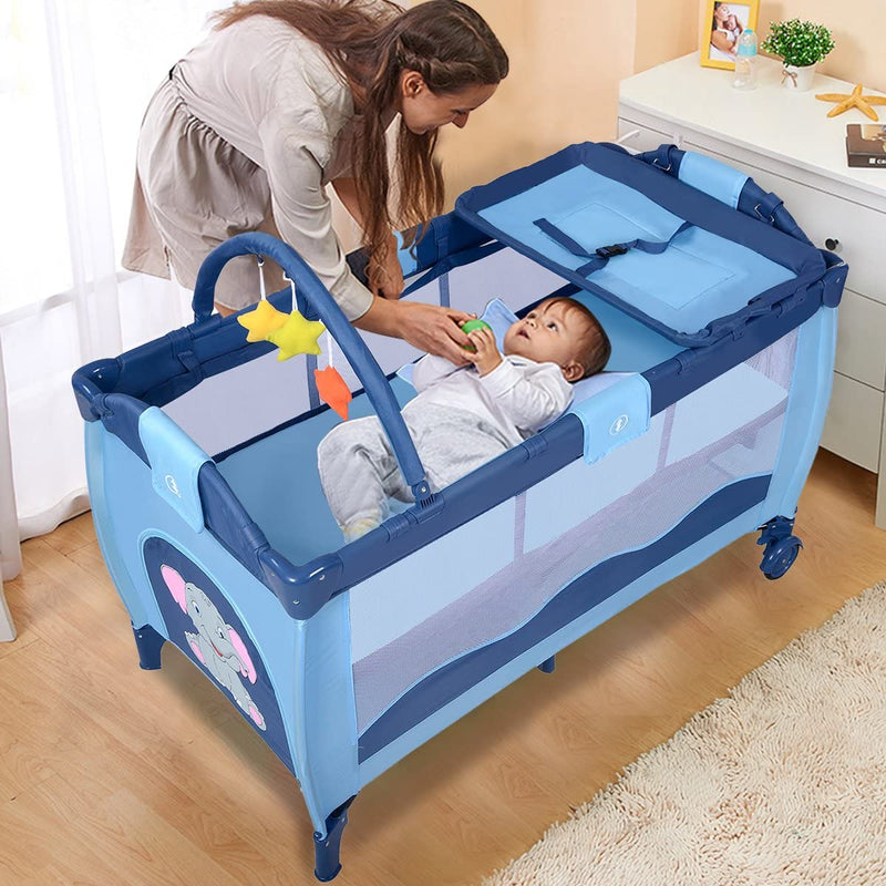 COSTWAY Portable Infant Baby Travel Cot, Bed Play Pen, Child Bassinet Playpen Entryway, with Mat 2 in 1 (Blue)