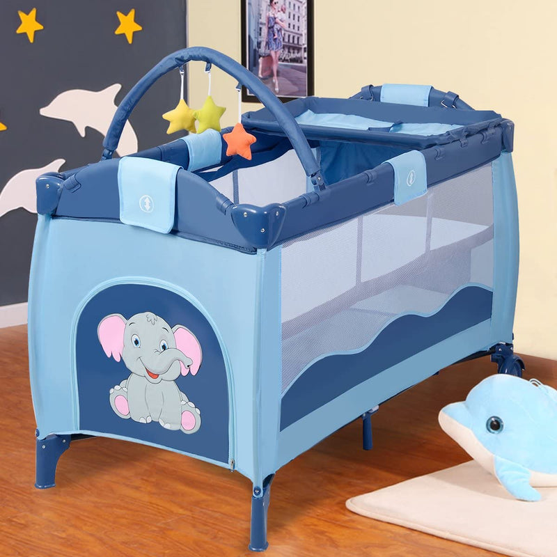 COSTWAY Portable Infant Baby Travel Cot, Bed Play Pen, Child Bassinet Playpen Entryway, with Mat 2 in 1 (Blue)