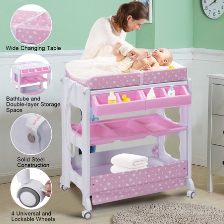 Costway Baby Infant Bath Changing Table Diaper Station Nursery Organizer Storage with Tube