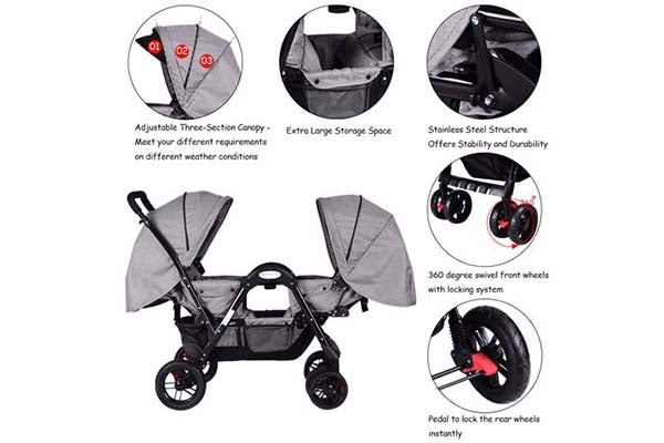 Costway Foldable Face To Face Twin Baby Stroller Double Kids Infant Reclining Seats Gray